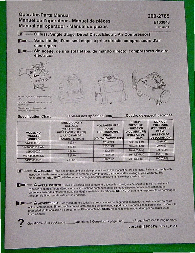 Sears Powermate 1Gallon Portable Electric Air Compressor Manual Model VNP0000101